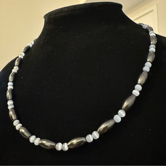 ✨2 for $30✨ Hematite, Pale Blue Cat’s Eye Gemstone Necklace / Wrap Bracelet - Picture 10 of 10
